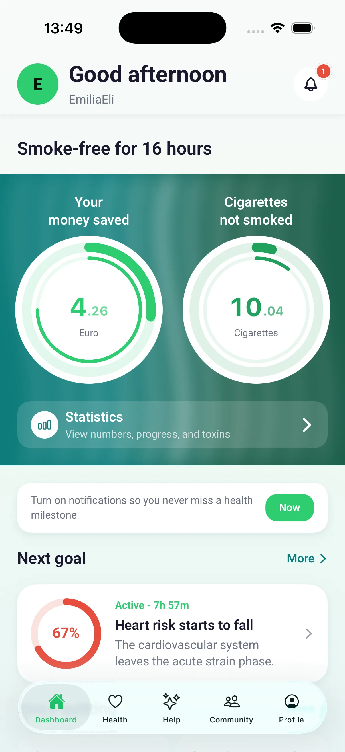 Quit Smoking Pro: dashboard with counters for money saved and cigarettes not smoked
